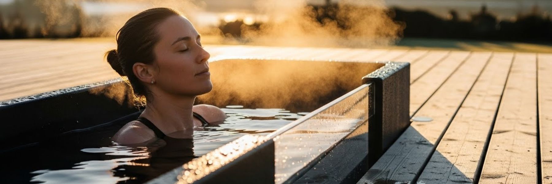 Woman relaxing in a clean outdoor cold plunge tub, demonstrating hygienic cold water therapy setup