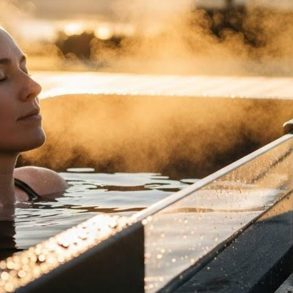 Woman relaxing in a clean outdoor cold plunge tub, demonstrating hygienic cold water therapy setup