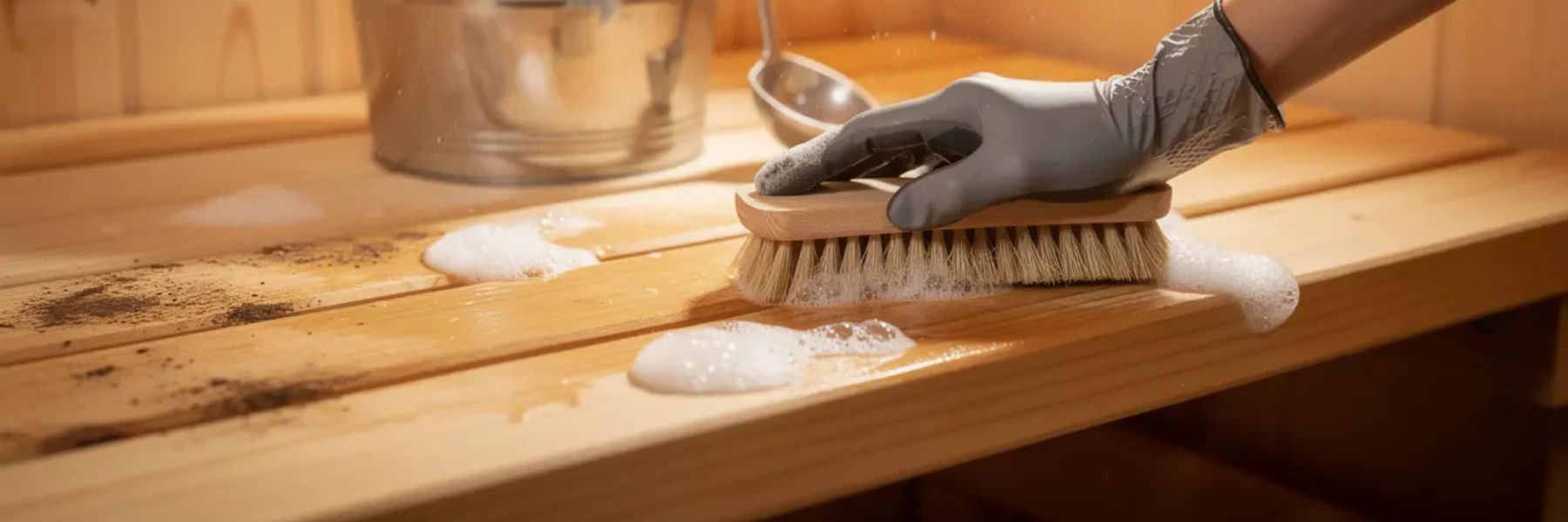 Cleaning wooden sauna bench with brush and soap, demonstrating sauna hygiene and maintenance routine