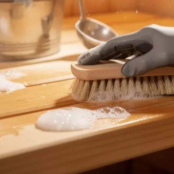 Cleaning wooden sauna bench with brush and soap, demonstrating sauna hygiene and maintenance routine