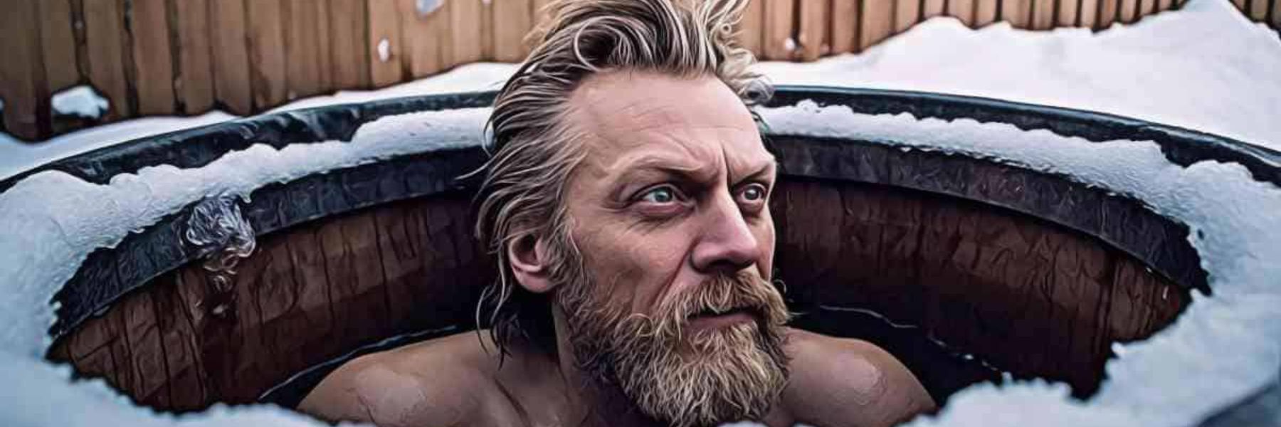 Man sitting in a wooden cold plunge tub surrounded by snow, demonstrating cold water immersion in winter conditions.