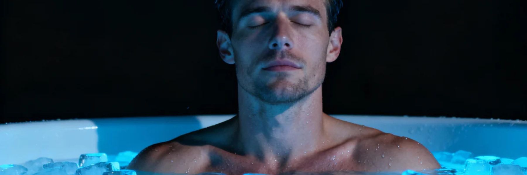Man relaxing in an ice bath with eyes closed, demonstrating cold plunge therapy for stress relief and mental clarity