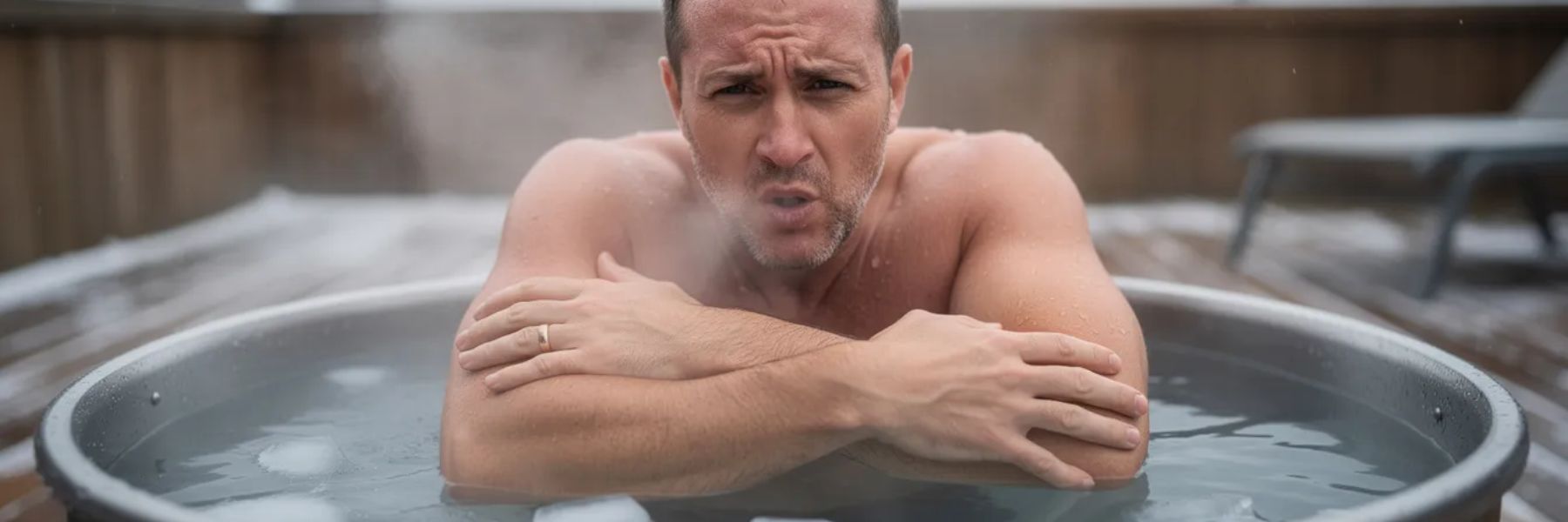 Man shivering in an ice bath, showing how cold plunge can cause temporary muscle soreness and cold shock response