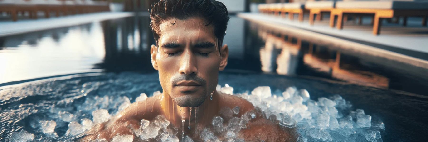 Man immersed in an ice bath with visible ice cubes, practising cold water therapy for recovery and focus