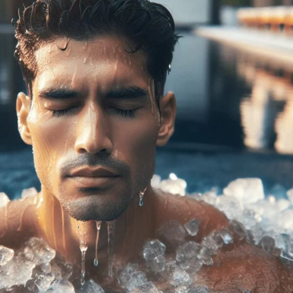Man immersed in an ice bath with visible ice cubes, practising cold water therapy for recovery and focus