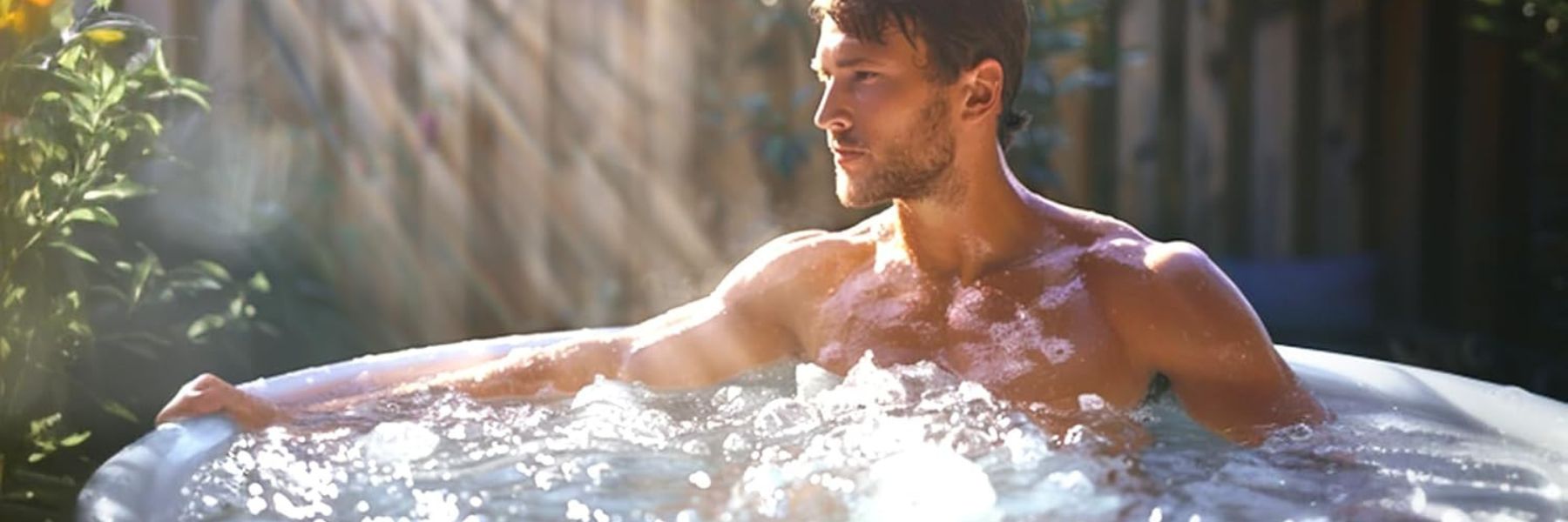 Person sitting in a cold plunge tub during an ice bath session for recovery and wellness.