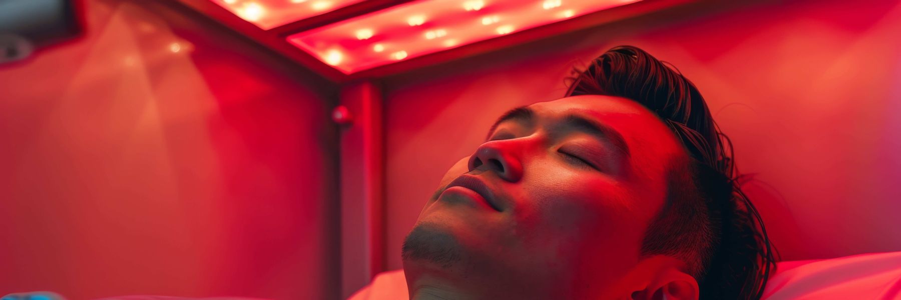 Man receiving red light therapy treatment for skin health, recovery, and relaxation benefits