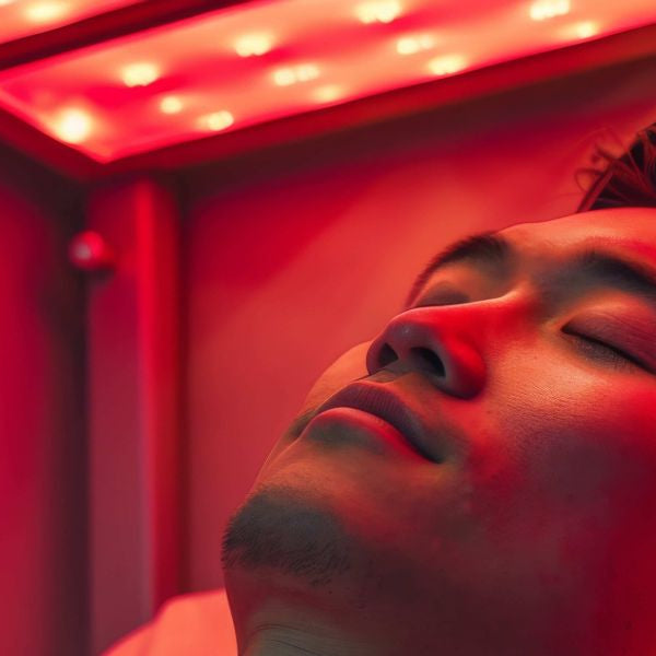 Man receiving red light therapy treatment for skin health, recovery, and relaxation benefits