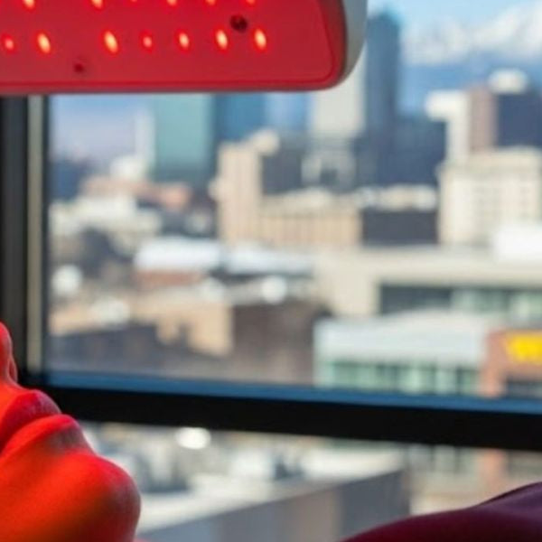 Woman receiving red light therapy facial treatment, supporting acne reduction and skin healing