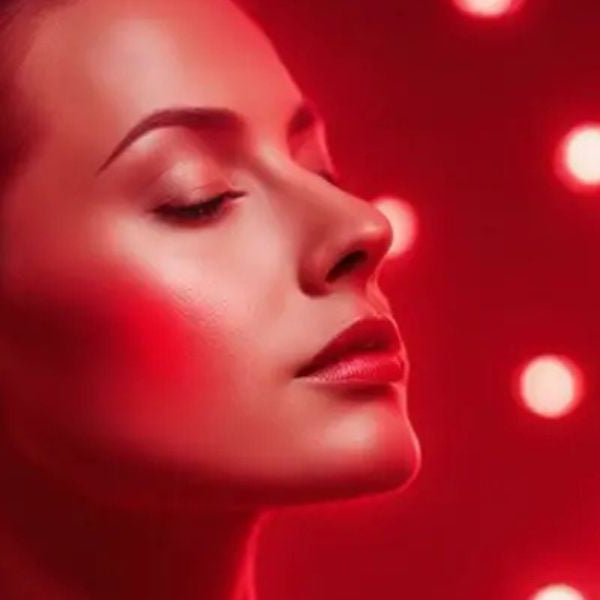 Woman receiving red light therapy facial treatment, supporting rosacea symptom relief and skin calming