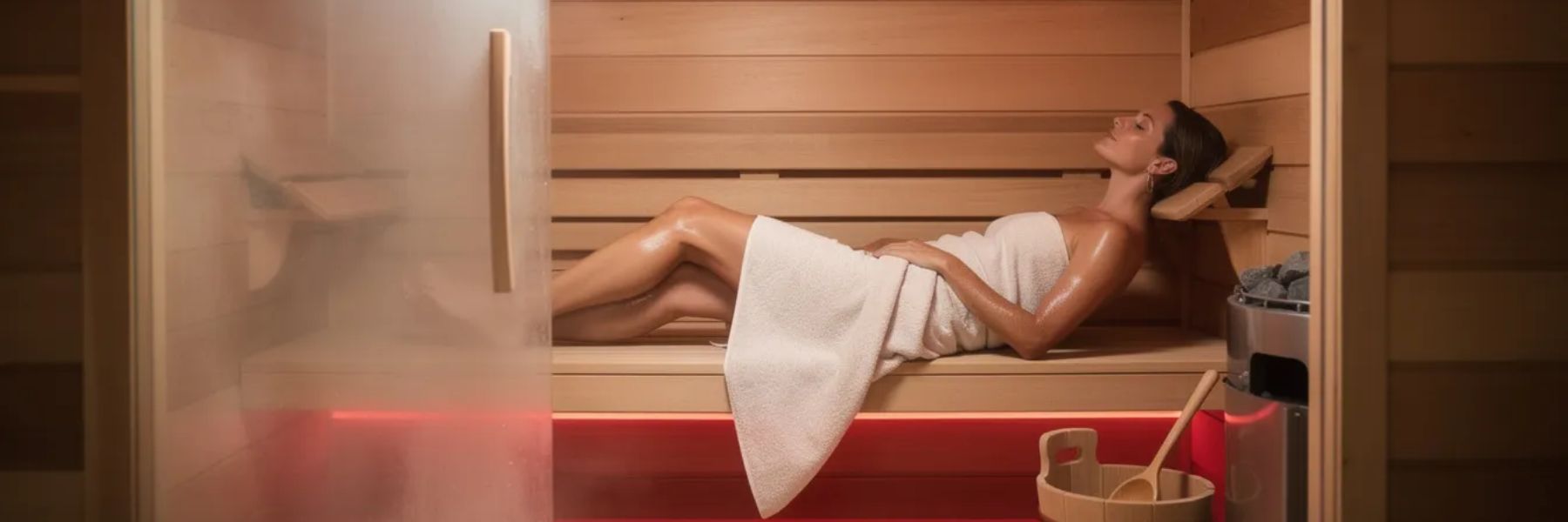 Woman relaxing in infrared sauna, supporting recovery and wellness alongside red light therapy treatments