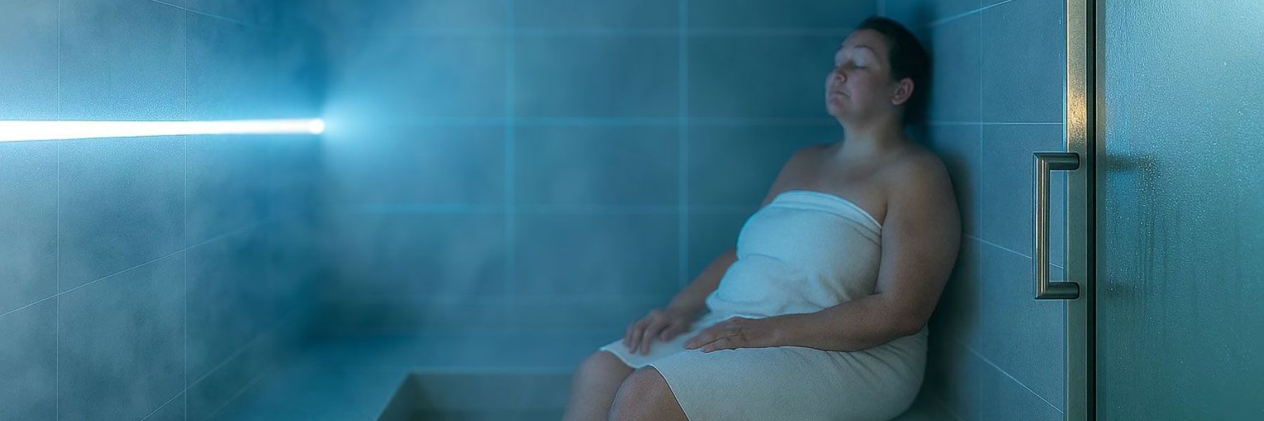 Woman sitting in steam shower surrounded by dense steam highlighting high humidity environment