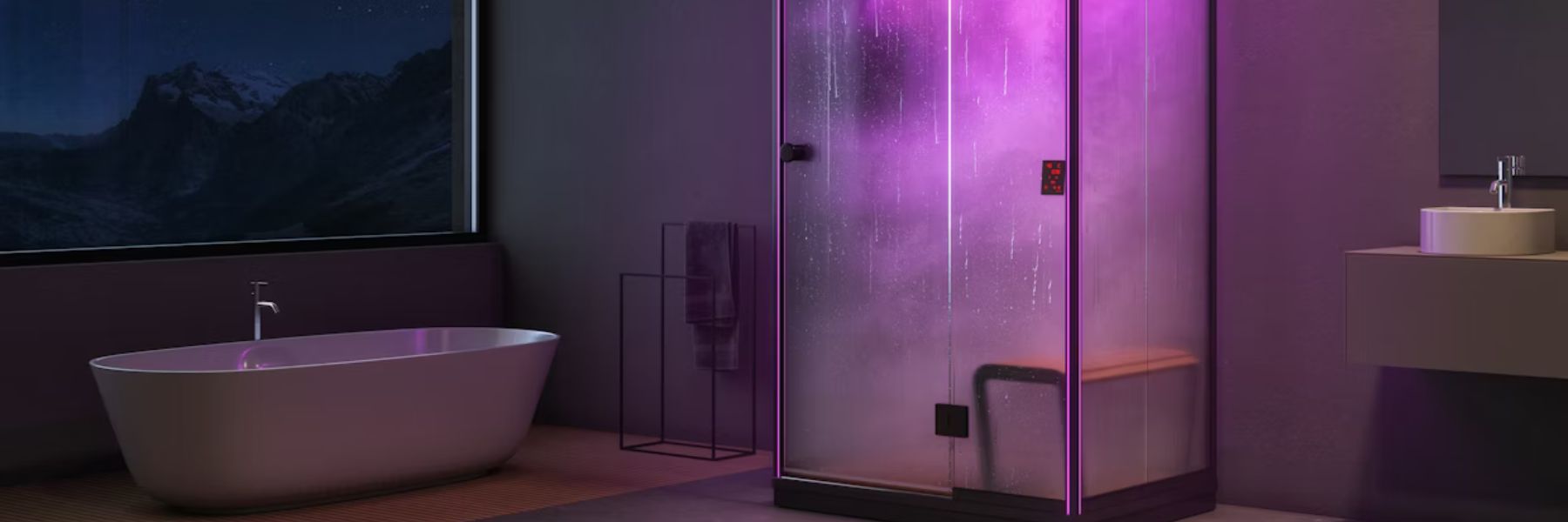 Modern steam shower with ambient lighting creating relaxing steam for respiratory relief