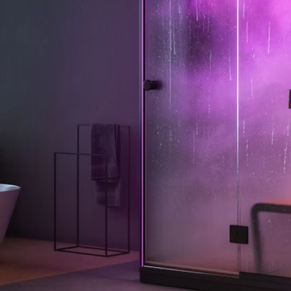 Modern steam shower with ambient lighting creating relaxing steam for respiratory relief