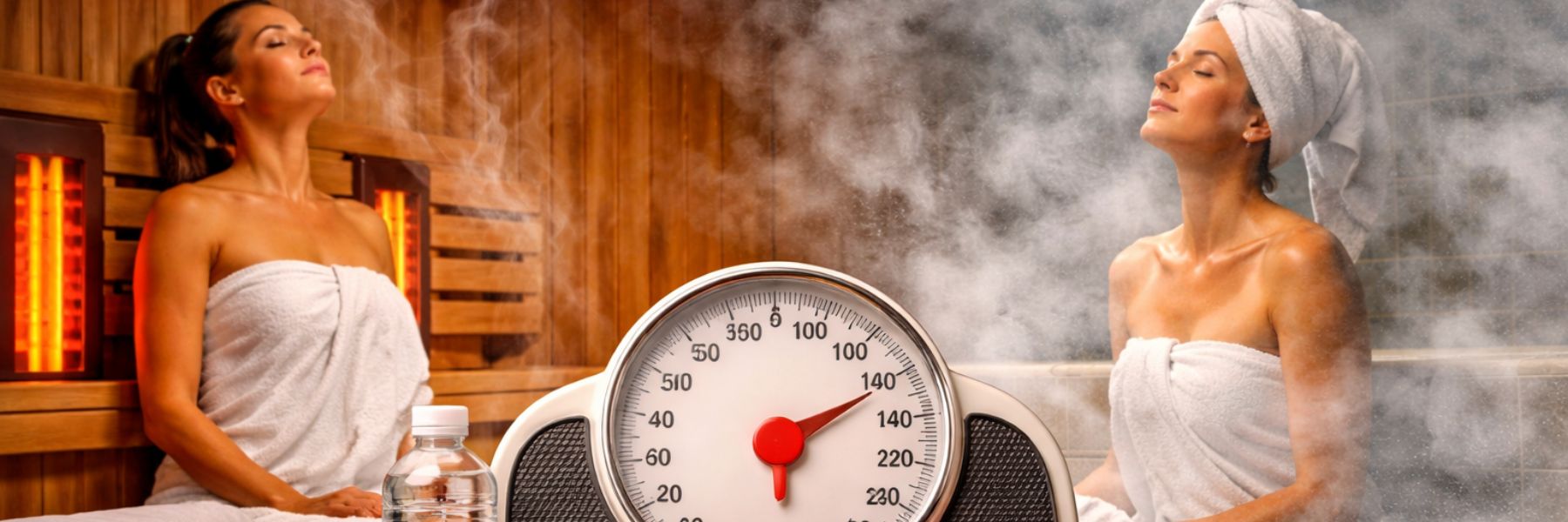 Steam room with scale, dumbbells and tape measure showing weight loss concept and calorie burn