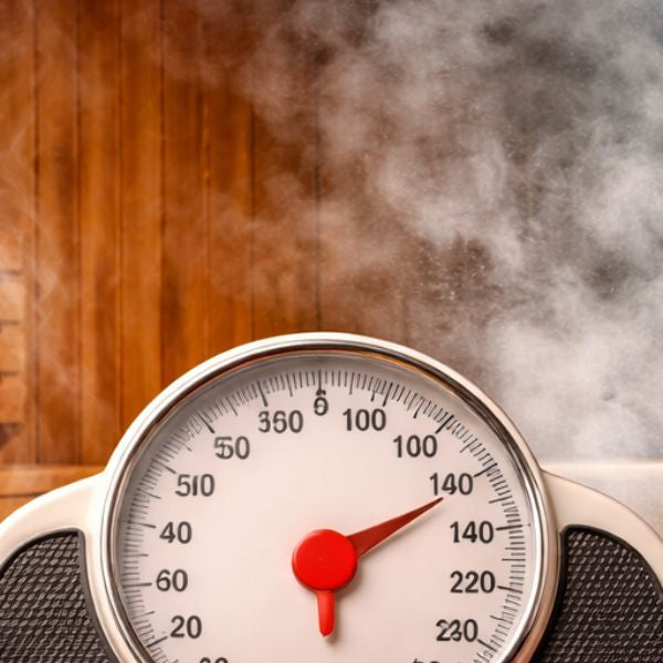 Steam room with scale, dumbbells and tape measure showing weight loss concept and calorie burn