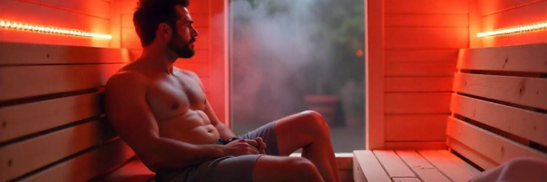 Man relaxing in sauna with red light heat therapy supporting circulation and blood pressure health