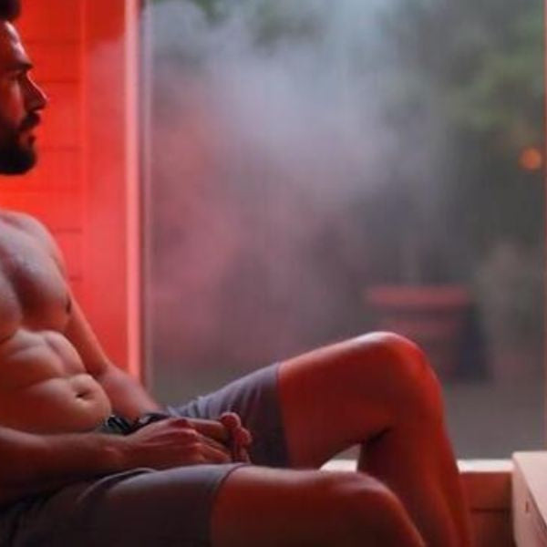 Man relaxing in sauna with red light heat therapy supporting circulation and blood pressure health