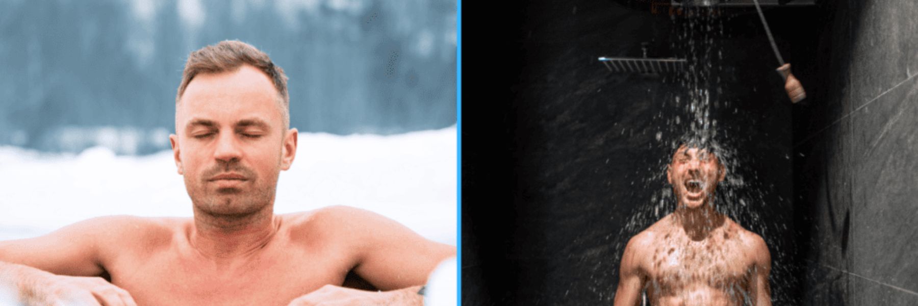 Comparison of a man relaxing in a cold plunge tub and another taking a cold shower to illustrate differences in cold water therapy methods.