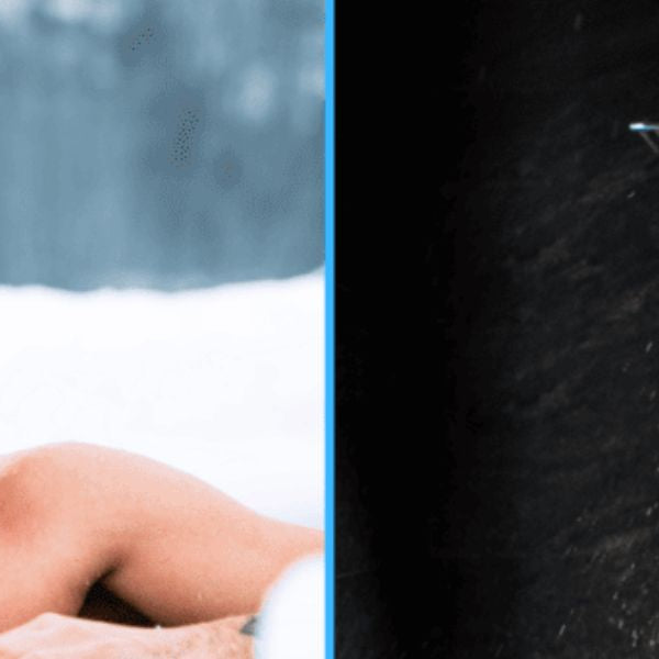 Comparison of a man relaxing in a cold plunge tub and another taking a cold shower to illustrate differences in cold water therapy methods.