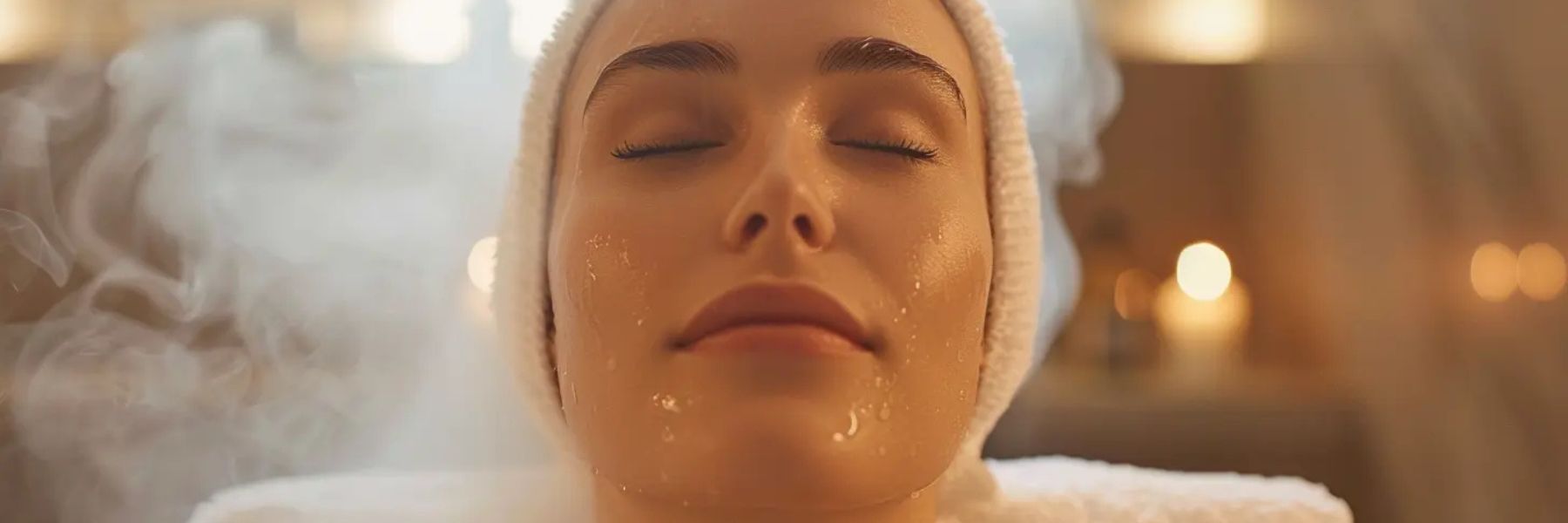 Woman relaxing in steam room with facial steam and candles, supporting cold relief and sinus clearing