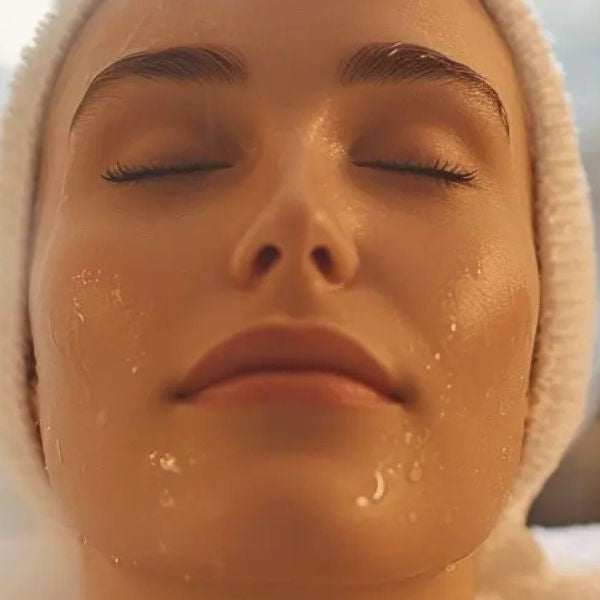 Woman relaxing in steam room with facial steam and candles, supporting cold relief and sinus clearing
