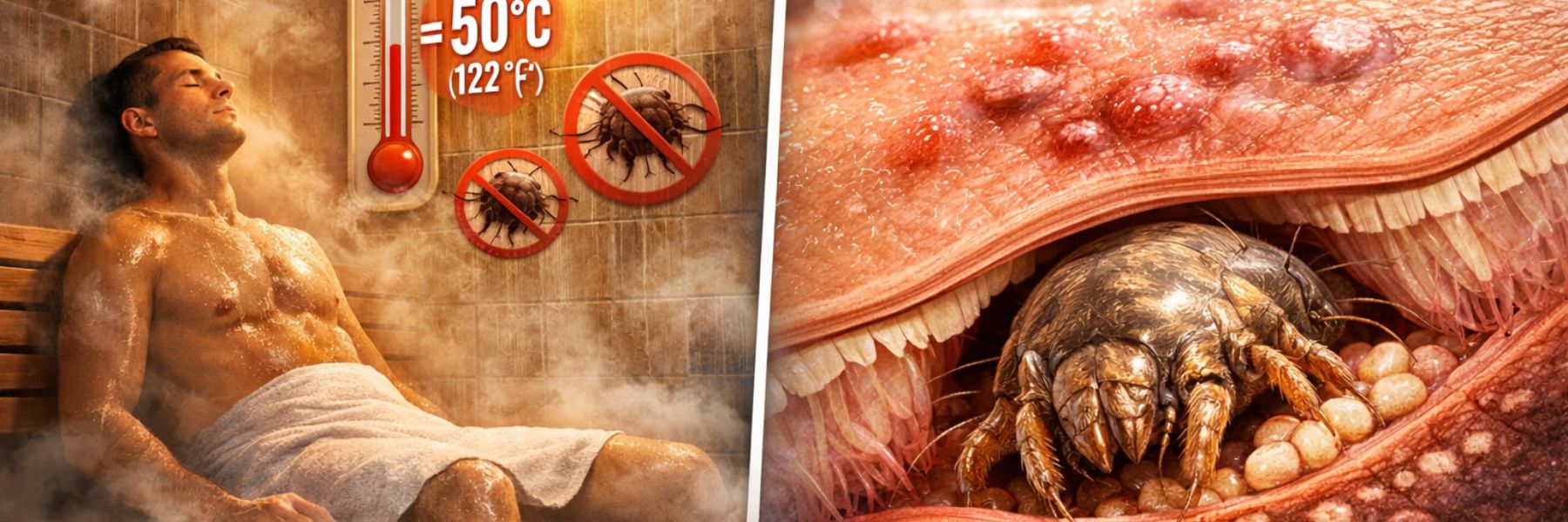 Infographic showing whether a steam room can kill scabies mites, including heat levels and skin close-up