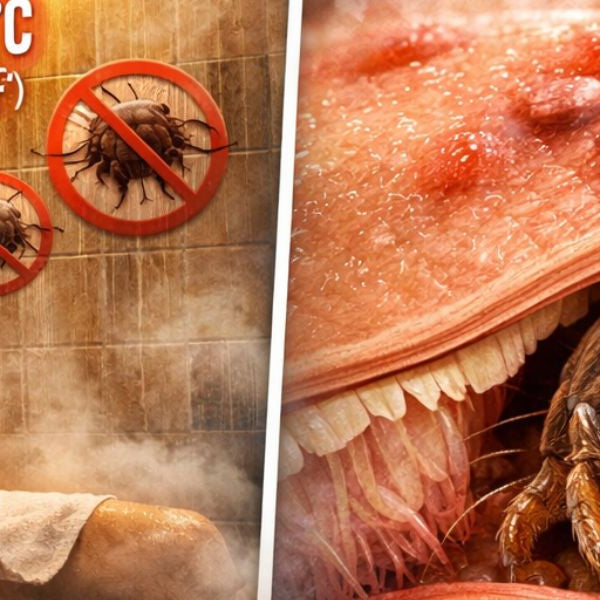 Infographic showing whether a steam room can kill scabies mites, including heat levels and skin close-up