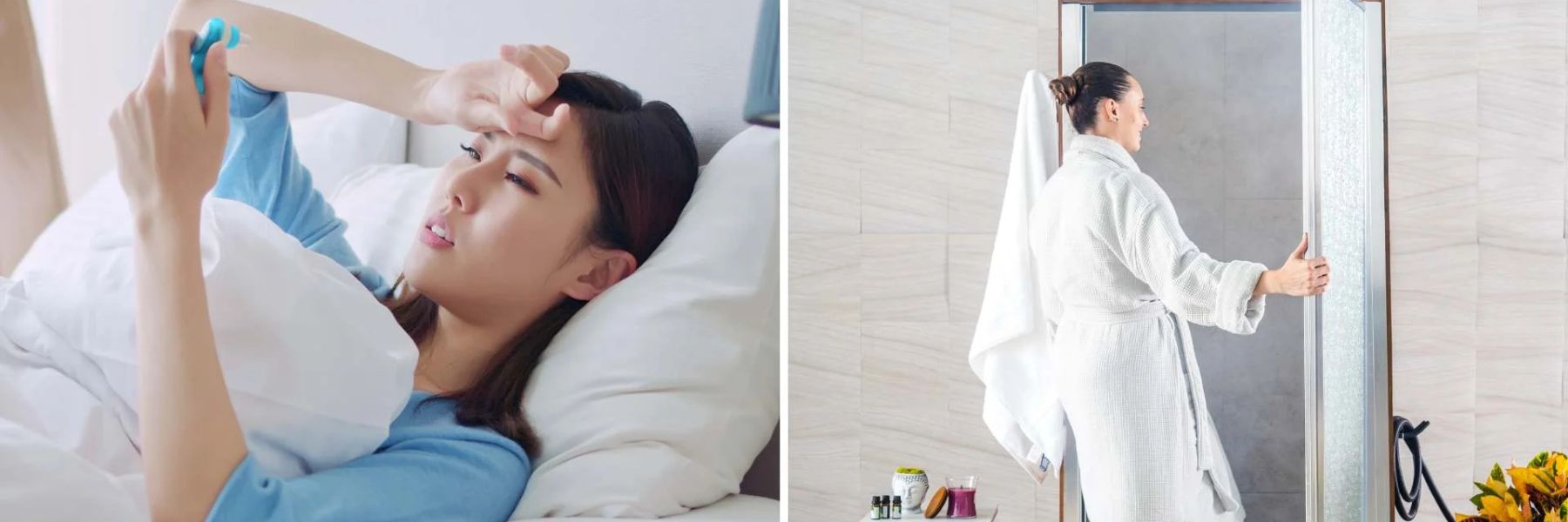 Sick woman resting in bed while another prepares steam shower, showing when to avoid steam room use