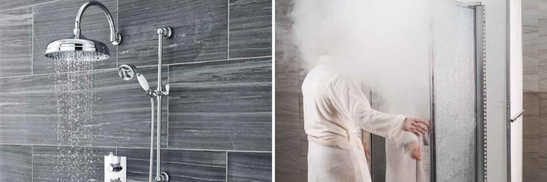 Modern shower head and steam shower enclosure showing water flow and steam for allergy relief