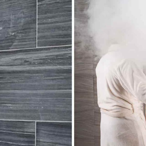 Modern shower head and steam shower enclosure showing water flow and steam for allergy relief