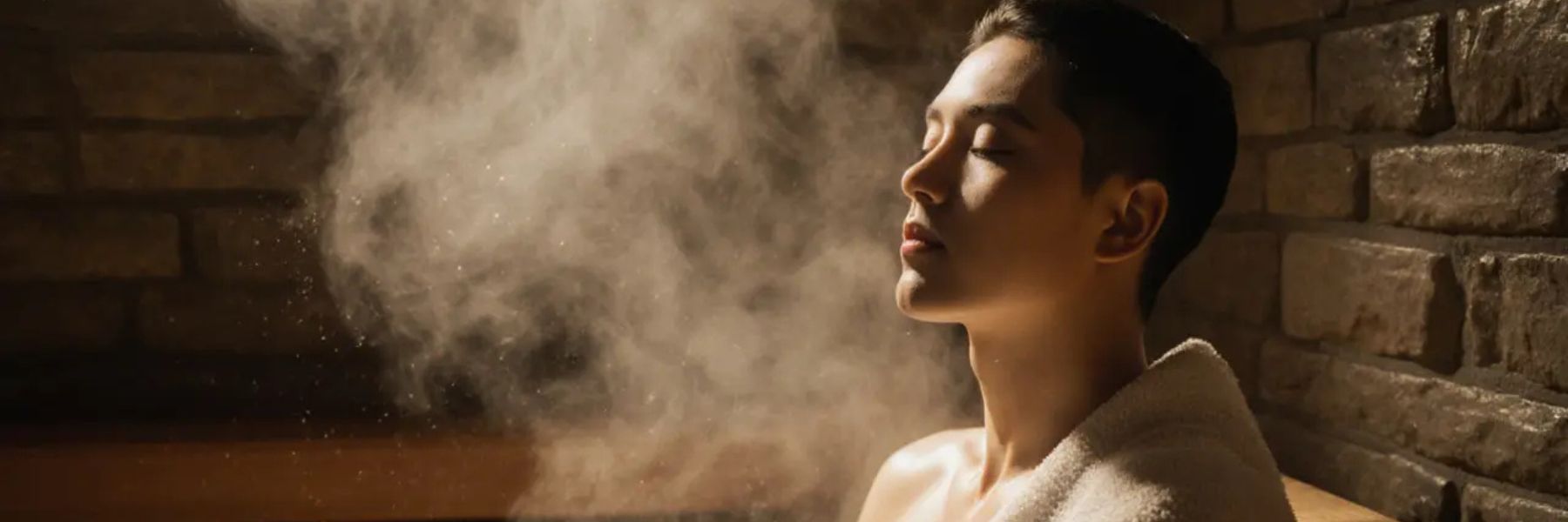 Person sitting in steam room surrounded by steam, illustrating how steam rooms help breathing and recovery