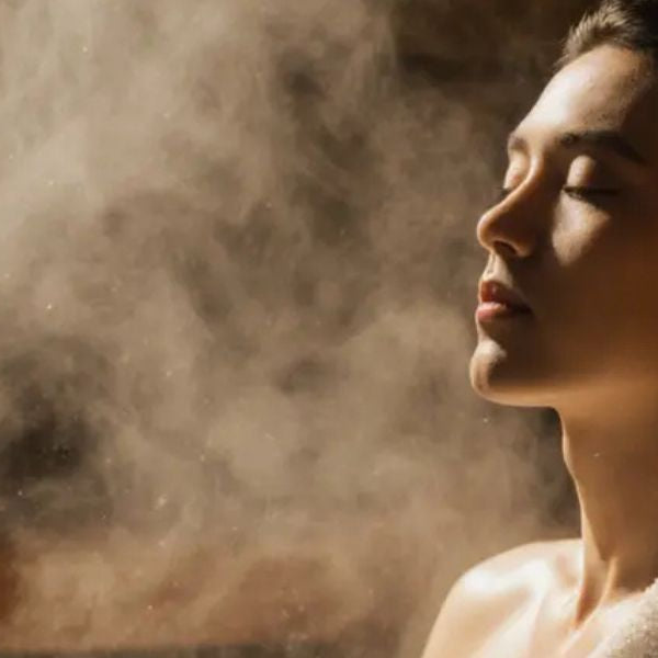 Person sitting in steam room surrounded by steam, illustrating how steam rooms help breathing and recovery