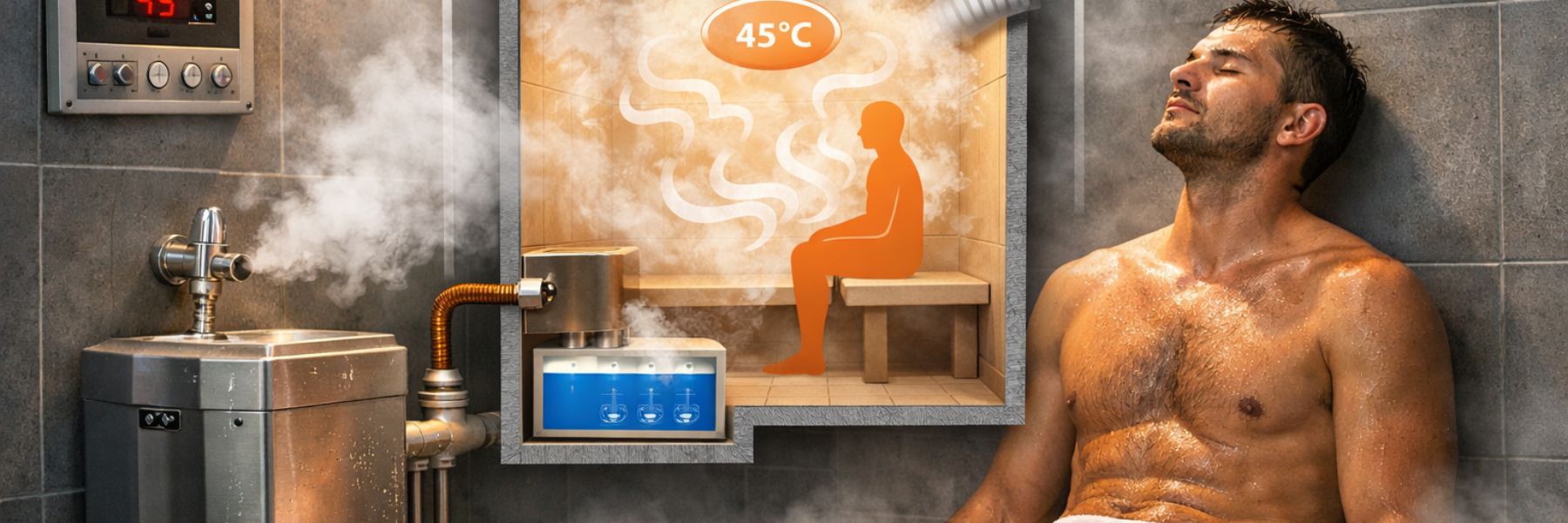 Diagram showing how a steam room works with steam generator, temperature control and ventilation system