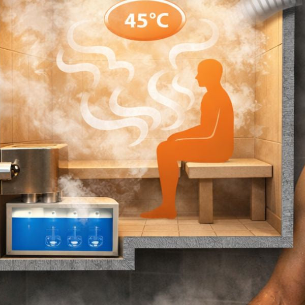 Diagram showing how a steam room works with steam generator, temperature control and ventilation system