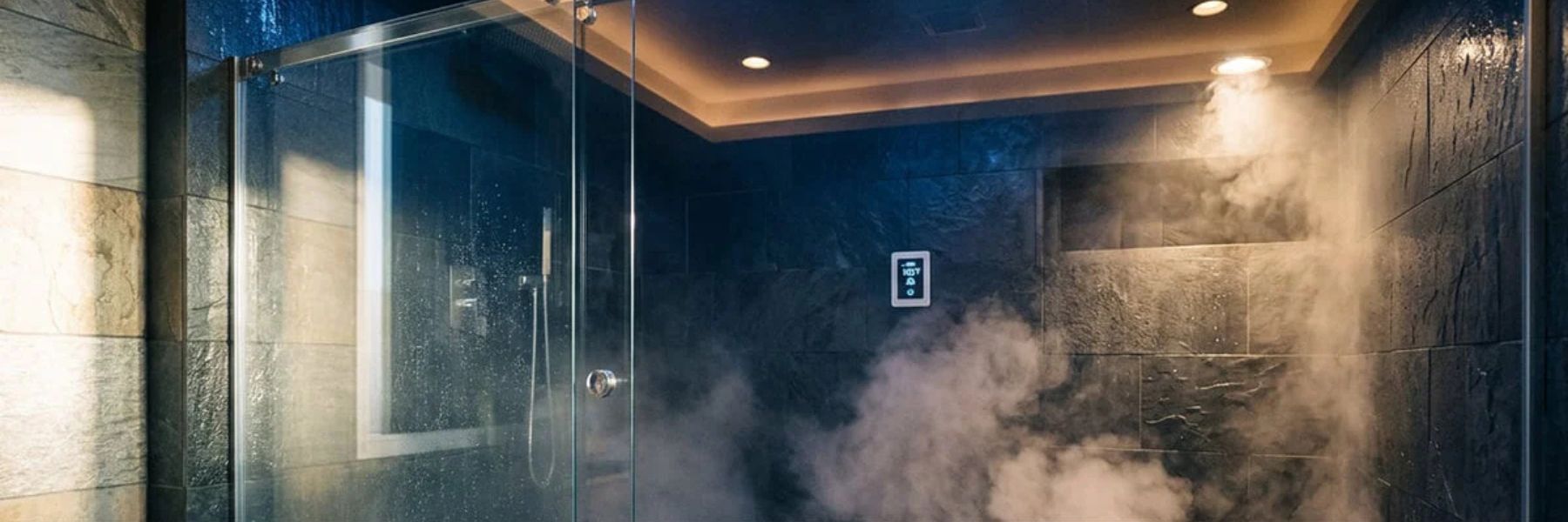 Steam shower generating warm mist from built-in steam outlet in modern tiled bathroom