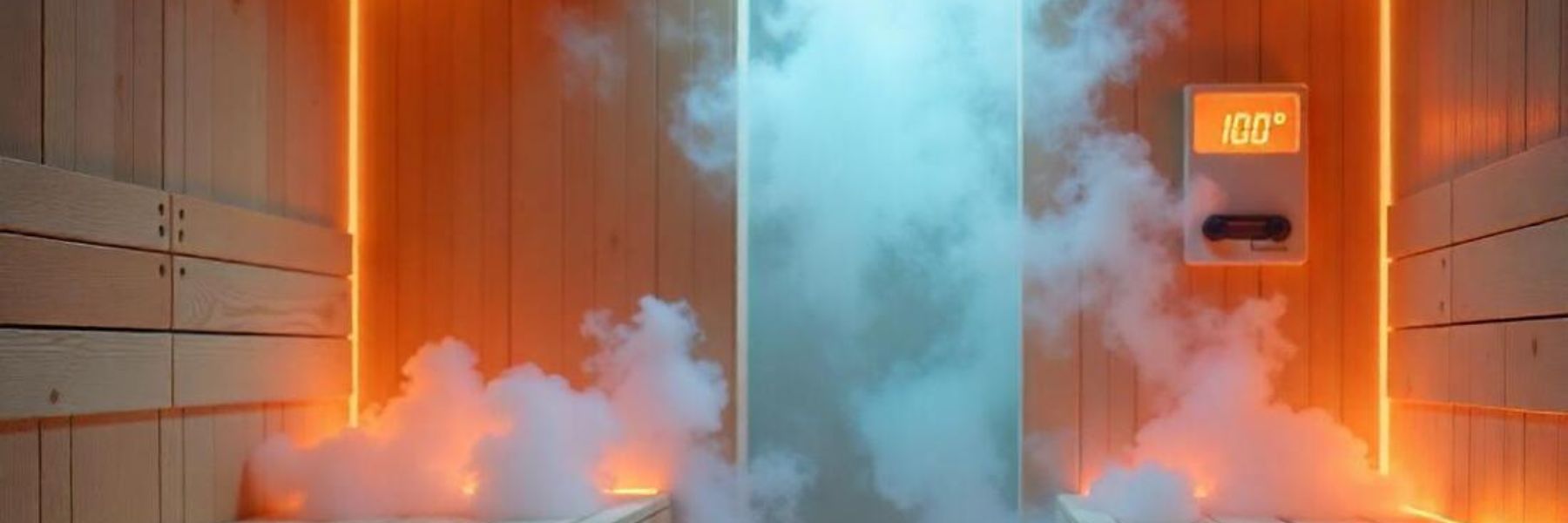 Steam room with digital temperature display showing ideal heat levels and dense steam