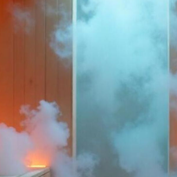 Steam room with digital temperature display showing ideal heat levels and dense steam
