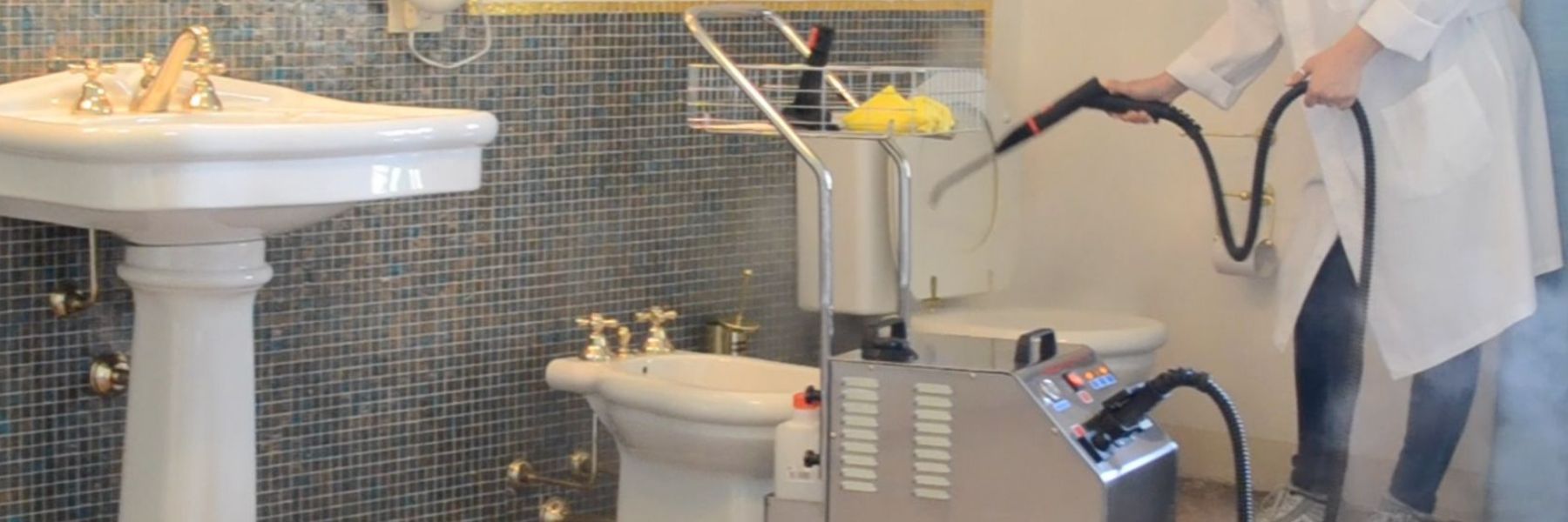 Professional using industrial steam cleaner to sanitise bathroom and steam shower surfaces