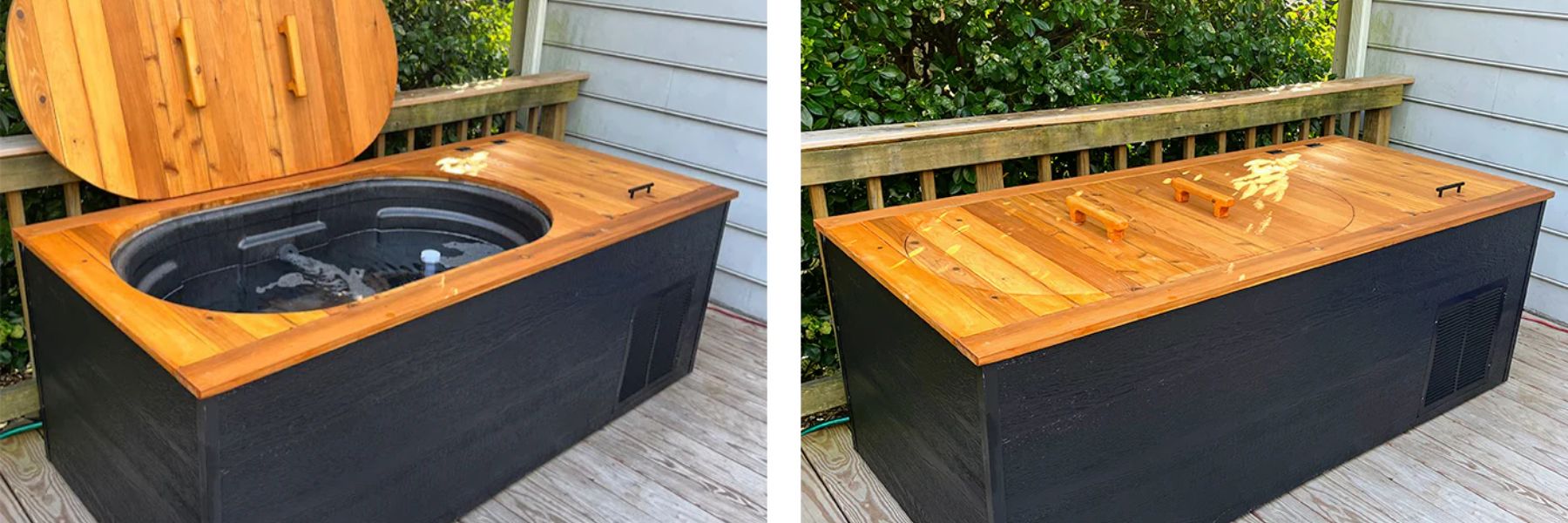 Insulated cold plunge tub setup with foam panels and cover designed to keep an outdoor ice bath colder for longer.