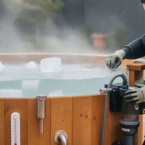 Checking water quality in a cold plunge tub during routine ice bath maintenance.