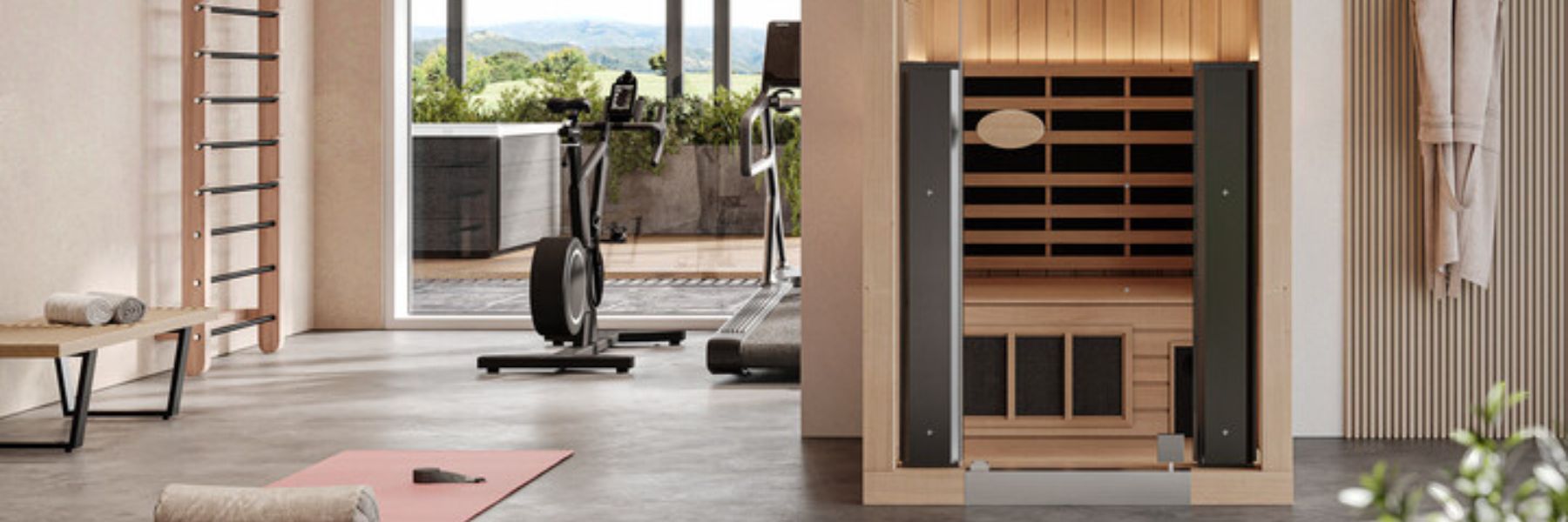 Home gym with infrared sauna, illustrating integration of heat therapy into fitness and recovery routine