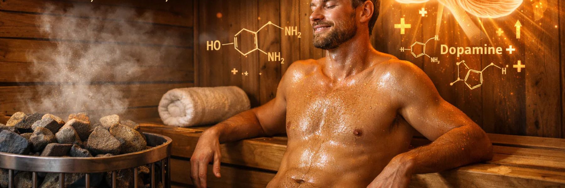 Man relaxing in sauna with dopamine graphic overlay, illustrating mood boost and neurotransmitter release
