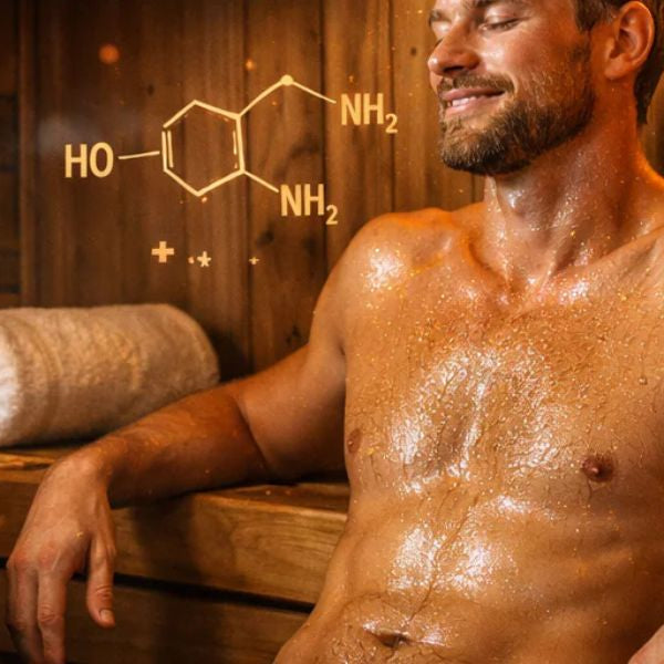 Man relaxing in sauna with dopamine graphic overlay, illustrating mood boost and neurotransmitter release