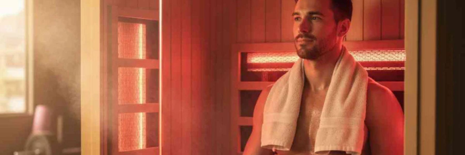 Man relaxing in infrared sauna after workout, supporting muscle recovery and post-exercise relaxation