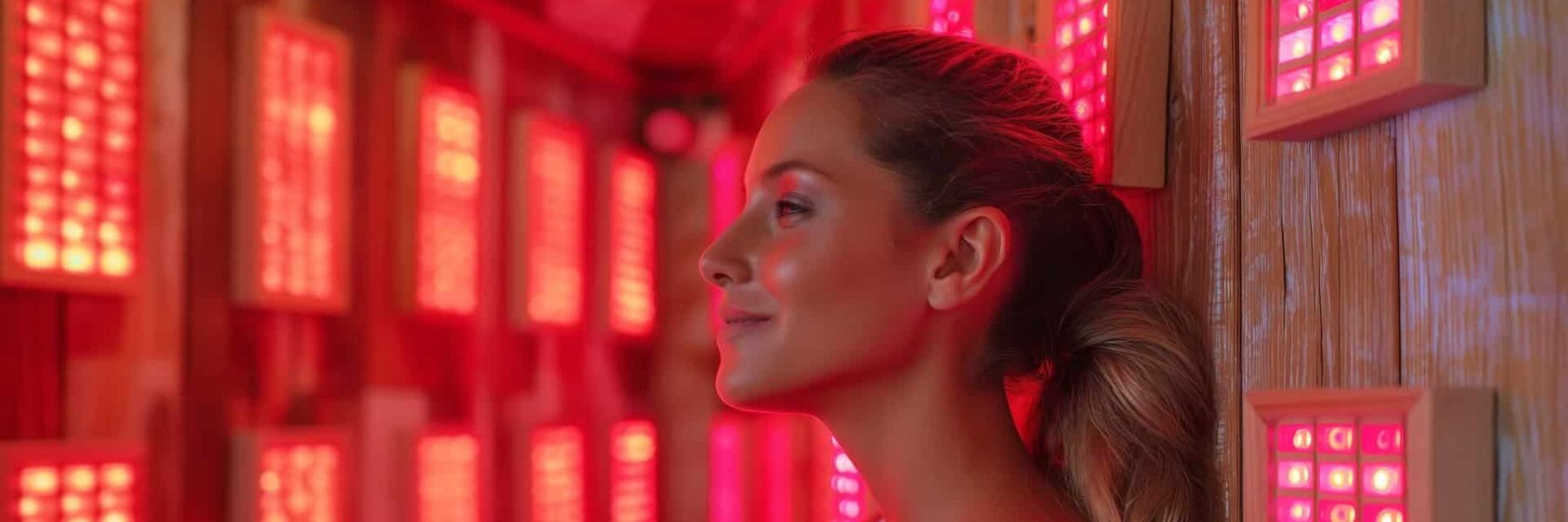 Woman in infrared sauna with red light panels, supporting skin healing and acne treatment