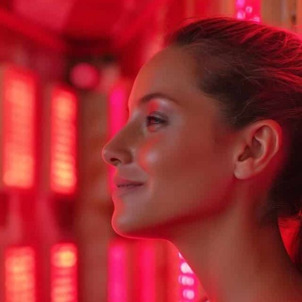 Woman in infrared sauna with red light panels, supporting skin healing and acne treatment