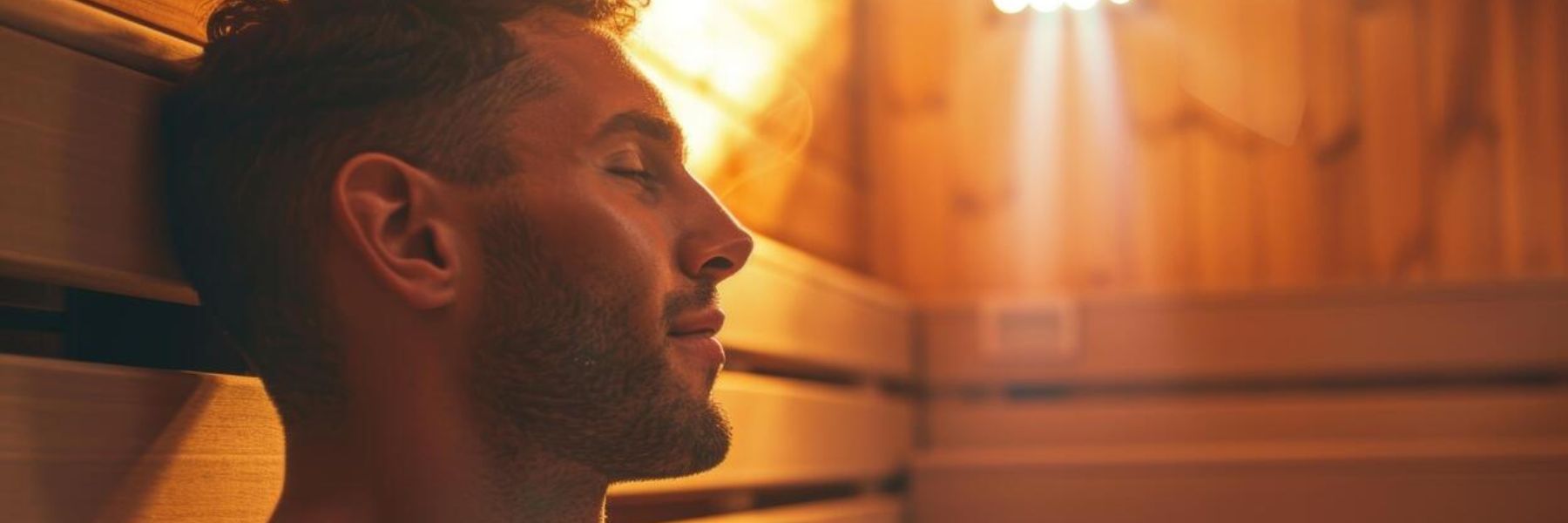 Person sitting in warm wooden sauna with eyes closed, highlighting calm breathing and stress relief in dry heat environment