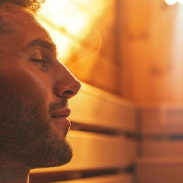 Person sitting in warm wooden sauna with eyes closed, highlighting calm breathing and stress relief in dry heat environment