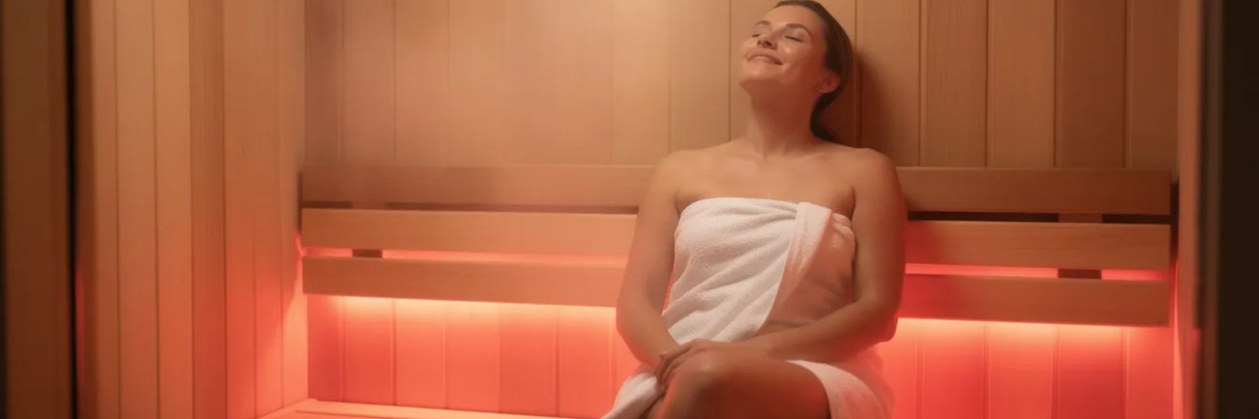 Woman relaxing in infrared sauna with red light therapy, highlighting wellness and recovery benefits